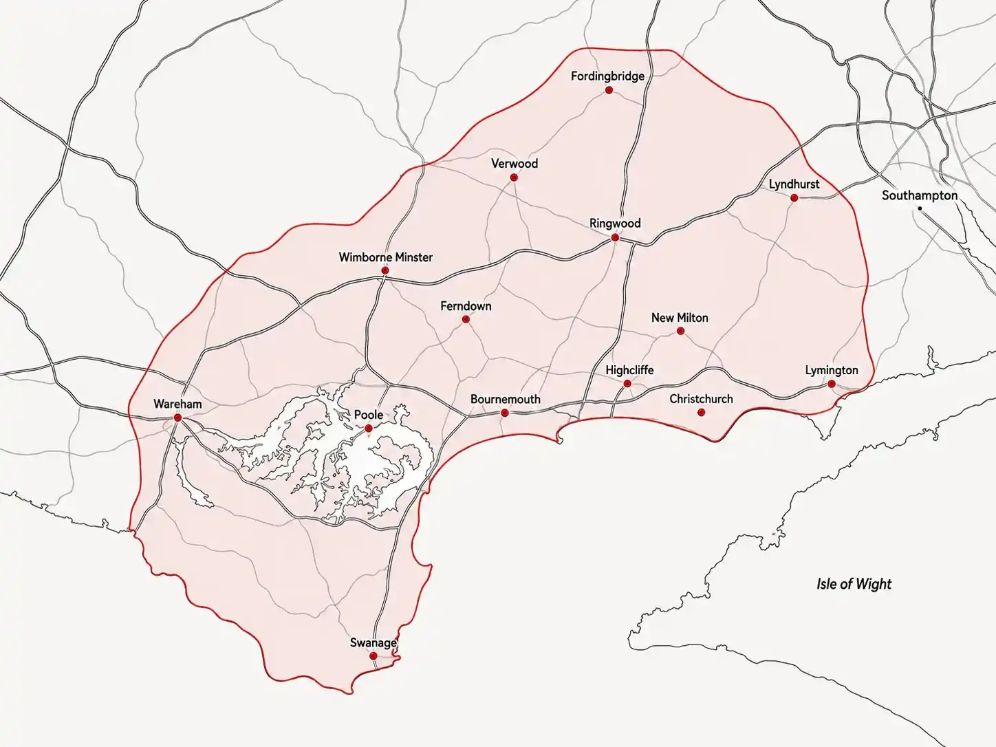 Map of the Harrison Home Developments coverage area across Dorset and the New Forest, showing Wareham, Poole, Bournemouth, Christchurch, Lymington, Wimborne Minster, Ferndown, Verwood, Ringwood, Fordingbridge, Lyndhurst, New Milton, Highcliffe and Swanage within the shaded service boundary.
